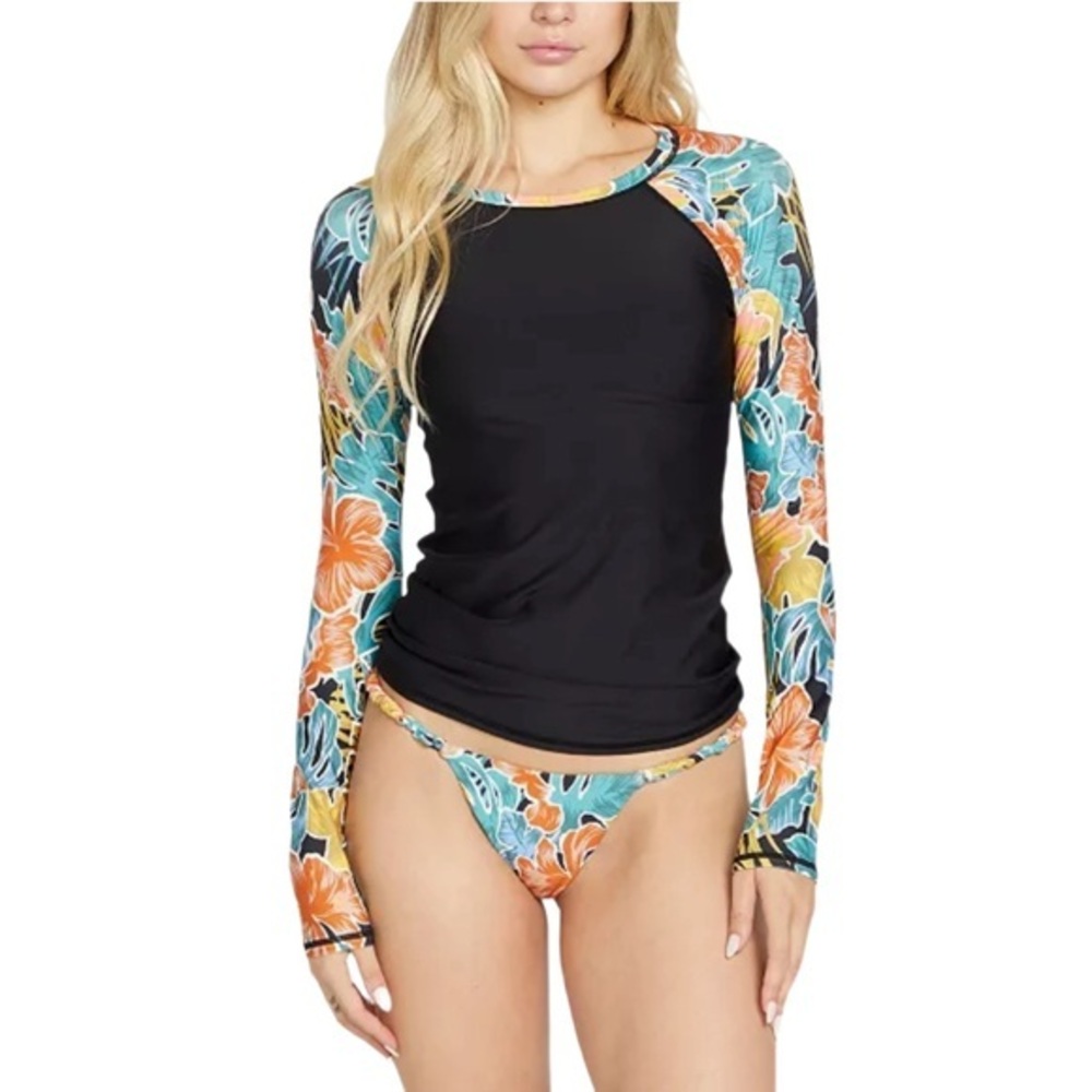 Volcom juniors' Take It Easy Printed Long Sleeve Rash Guard Top Black/multi sm